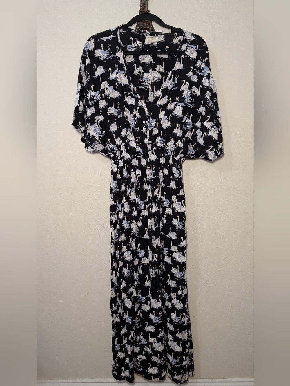 World Market Swimming Swans Maxi Dress Black Blue White Tassel Women's Size L/XL